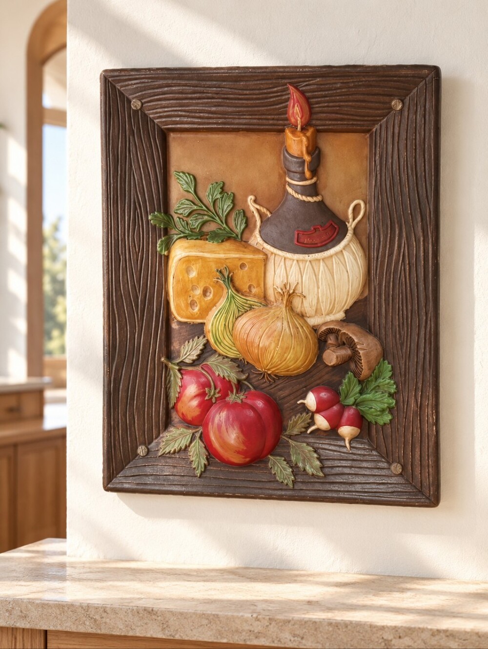 Vintage 1974 Gare Inc Ceramic Wall Plaque Hand Painted Kitchen Still Life 12"